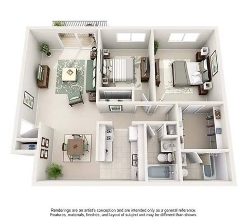 Floor plan for 2 beds, 2 baths, 995 sqft